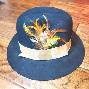 Belmar New York Black  Wool Hat w yellow orange feather